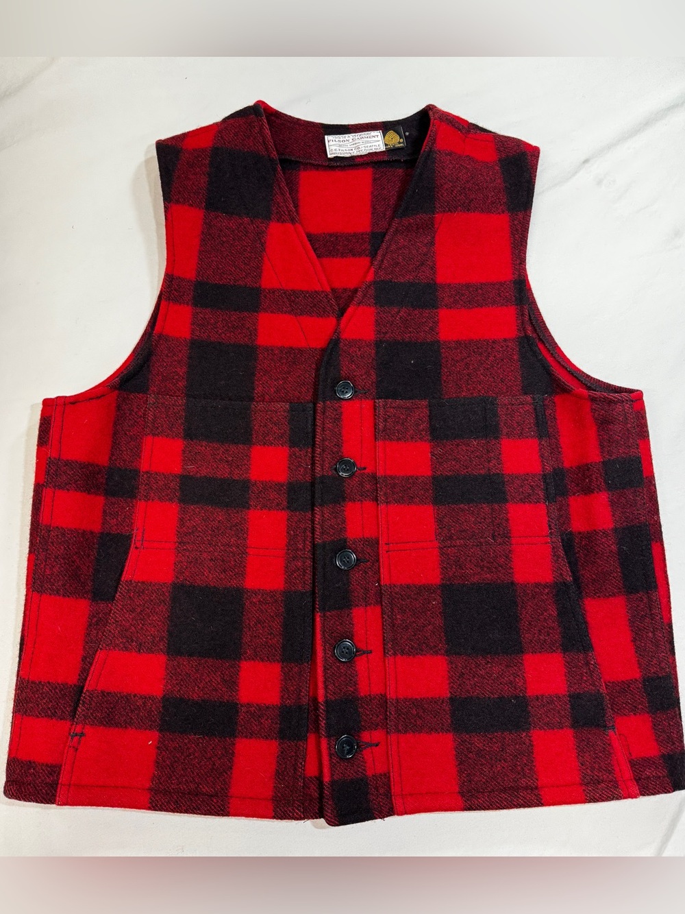 Vintage CC Filson Vest Mens Size 44 Red Mackinaw Wool Buffalo Plaid 80’s